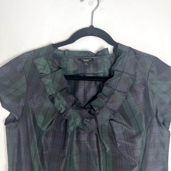 Talbots Black Watch Tartan V-Neck Ruffle 100% Silk Cap Sleeve Blouse Top Sz 8 - Picture 4 of 6